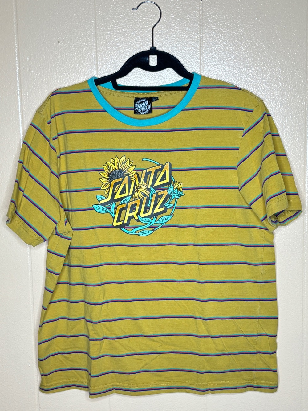 Santa Cruz Mustard Yellow Striped Tee with Turquoise Trim